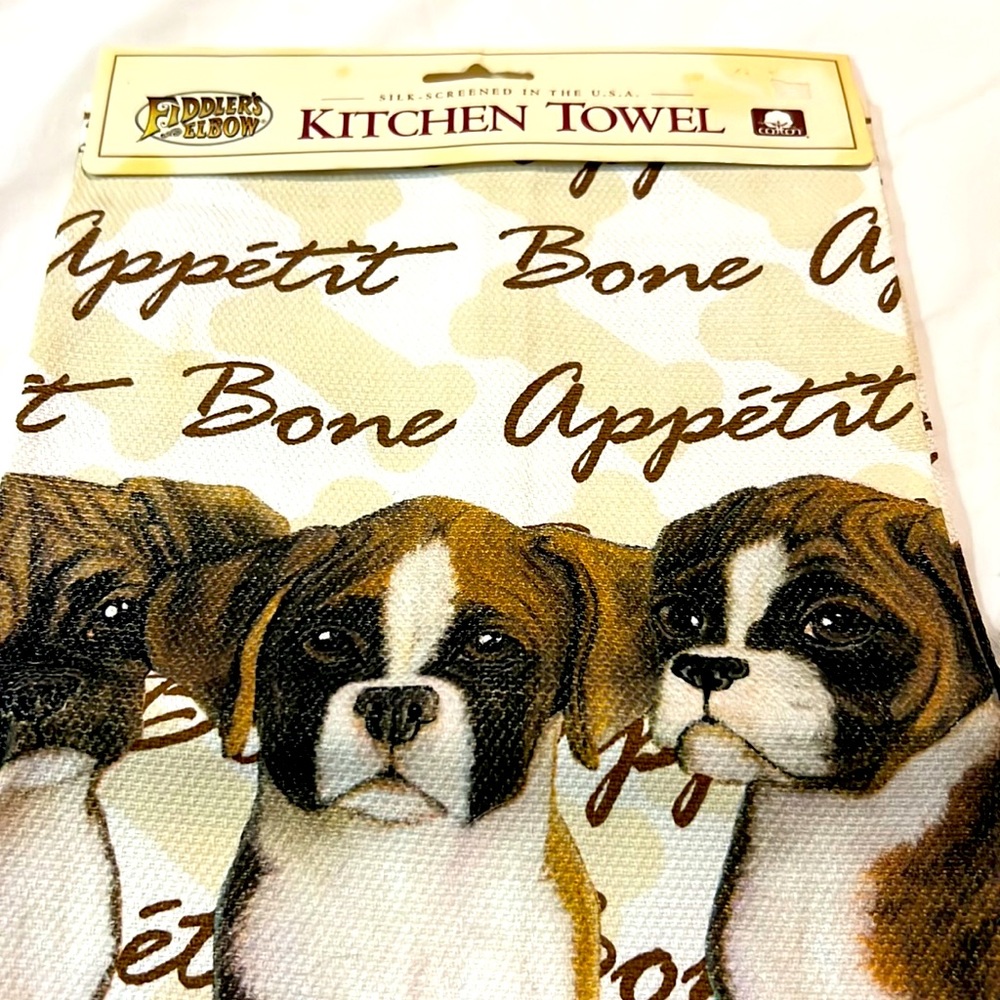 Fiddler's Elbow Kitchen Towel Boxer Puppy Bone Appetit Silk Screen